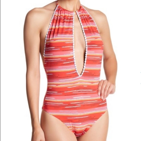Dolce Vita Womens Ribbed Plunge Halter One Piece Swimsuit Swimsuit